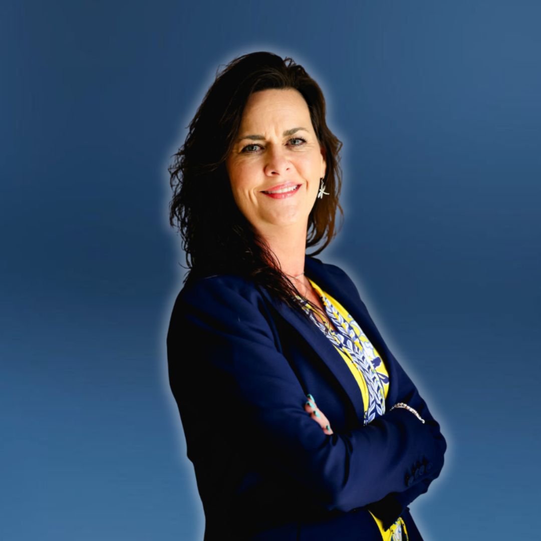 Beth Jones on blue background- Empowered Survivor Leadership